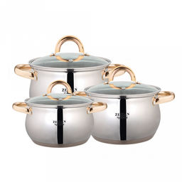 "Zeidan" Набор кастрюль из нержавеющей стали 3 штуки: 2,1л д16см h10,5см; 3,0л д18см h11,5см, 4,0л д20см h12,5см, стеклянные крышки, ручки "под золото", 5-ти слойное капсулированное индукционное дно, мерная шкала, подарочная коробка (Китай) Подходит