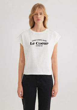 Bask?l? Beyaz Tisort - Mavi фото 4