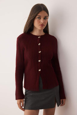Bordo Dugme Detayl? Yumusak Dokulu Y?rtmac Detayl? Triko H?rka TWOAW26HI00096