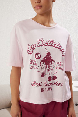 Trendyolmilla Ac?k Pembe %100 Pamuklu Bask?l? Sortlu Orme Pijama Tak?m? THMSS25PT00218 фото 3