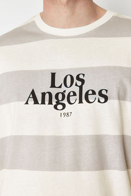 TRENDYOL MAN Buyuk Beden Gri Oversize Cizgili Sehir Bask?l? %100 Pamuklu T-Shirt TMNSS25BF00010 - Trendyolmilla фото 5