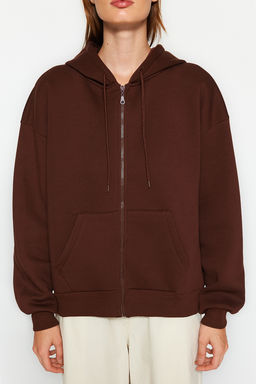 Kahverengi Oversize/Rahat Kesim Basic Kapusonlu Kal?n Ici Polarl? Orme Sweatshirt TWOAW24SW00188