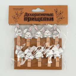 Цена за 2 шт. Прищепки декоративные с верёвкой для подвеса «Зайчики» набор 10 шт. — 1.5×12×14 см