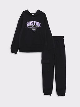 Kap??onlu Bask?l? Uzun Kollu K?z ?ocuk Sweatshirt ve E?ofman Alt?