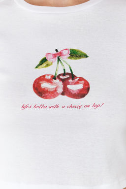 TRENDYOLMILLA Beyaz %100 Pamuk Kiraz Bask?l? Crop Fitted Vucuda Oturan Esnek Orme T-Shirt TWOSS24TS00121  фото 4