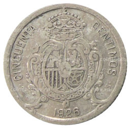 Монета 50 сентимо 1926 года Испания
