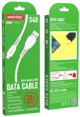 Кабель Type-C - USB, 1 м, "S40", В КОРОБКЕ (iK-3112-S40w) "SmartBuy", белый, 3A