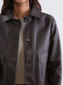 G?mlek Yaka Kad?n Deri G?r?n?ml? Ceket