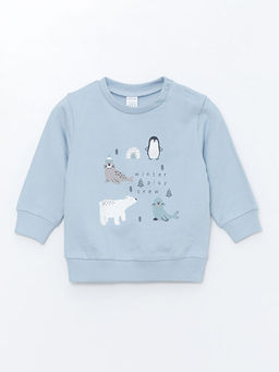 Bisiklet Yaka Bask?l? Erkek Bebek Sweatshirt