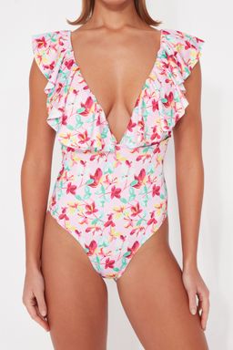 Cicek Desenli Derin Dekolteli Volanl? Normal Paca Mayo TBESS23MA00280 - Trendyolmilla фото 4