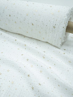 Муслин двухслойный с эф.жатости Звездочки (золотой глиттер) цв.белый, ш.1.4м, хл-100%, 140гр/м.кв