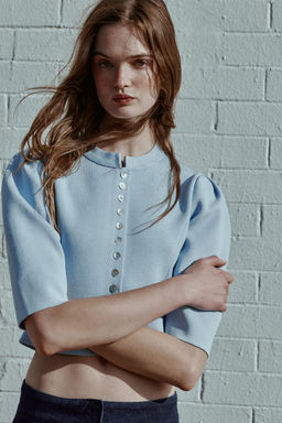 CHAQUETA PUNTO MANGA ABULLONADA / Azul pastel - Zara фото 3