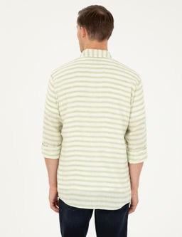 Ye_il Keten Kar___ml_ Slim Fit Uzun Kollu G_mlek