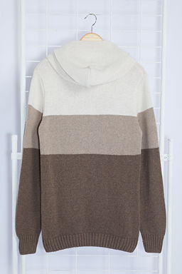 Ekru Regular Yunlu Kapusonlu Renk Bloklu Triko Kazak TMNAW22KZ0822