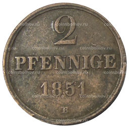 Монета 2 пфеннига 1851 года B Германские государства Ганновер