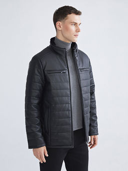 Standart Kal?p Dik Yaka Erkek Deri G?r?n?ml? Mont