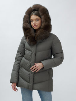 с МЕХОМ ПЕСЕЦ ПРЕМИУМ класса Полупальто зимние темно-серого цвета