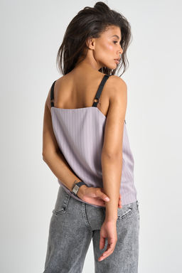 Топ в полоску с кружевной вставкой тауп