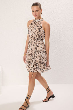 Vizon Cicekli Etegi Belden Ac?lan Kusakl? K?sa / Mini Dokuma Elbise TWOSS23EL02056