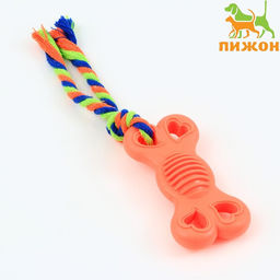 Игрушка жевательная с канатом Косточка на привязи, 9,5 см, розовая