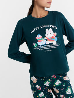 Пижама женская зеленая с принтом и надписью "Happy Christmas"