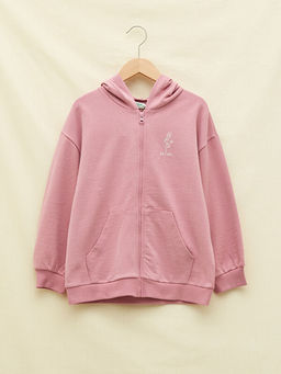 Kap??onlu Bask?l? Uzun Kollu K?z ?ocuk Fermuarl? Sweatshirt