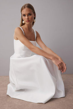 Beyaz A-Kesim Saten Dokuma S?k Abiye Gece Mezuniyet Elbisesi TPRAW25EL00040