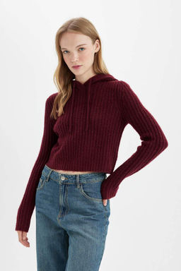 Женский однотонный укороченный трикотажный свитер обычного кроя с капюшоном