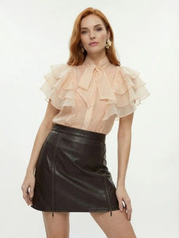 Юбка короткая из эко-кожи с молниями OD-1004-1, коричневый