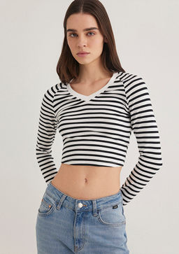 Uzun Kollu Crop Basic Tisort - Mavi фото 3