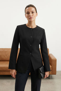 TRENDYOLMILLA Siyah Yuvarlak / Bisiklet Yakal? Fitted Bele Oturan Dokuma Blazer Ceket TWOAW25BC00009 фото 11