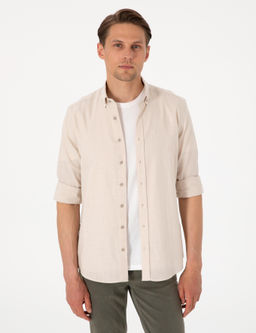 Bej Keten G_r_n_ml_ Slim Fit Uzun Kollu G_mlek