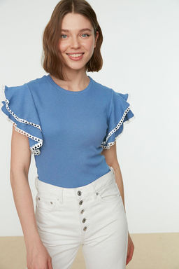 Indigo F?rf?r ve Dikis Detayl? Fitted/Vucuda Oturan Fitilli Esnek Orme Bluz TWOSS21BZ0736 - Trendyolmilla фото 2