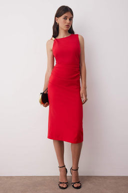 Siyah Duz Aksesuar Detayl? Midi Dokuma Elbise TWOAW26EL00076 - Trendyolmilla фото 5