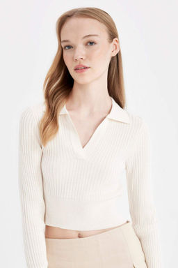 Coool Slim Fit Dar Kesim Polo Yaka Crop Triko Kazak - Defacto фото 2