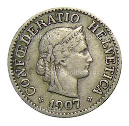 Монета 10 раппенов 1907 года Швейцария