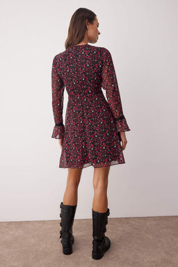 Bordo Cicekli Aksesuar Detayl? K?sa / Mini Astarl? Sifon Dokuma Elbise TWOAW26EL00084