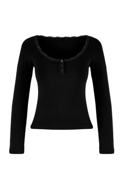 Teen Siyah Havuz Yaka Dugmeli Dantel Detayl? Vucuda Oturan Esnek Orme Bluz TWOAW26BZ00106
