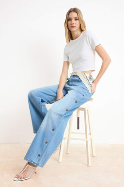 Mavi DOKUMLU Dugme Detayl? %100 Pamuk Yuksek Bel Wide Leg Jeans TWOSS26JE00081 - Trendyolmilla фото 5
