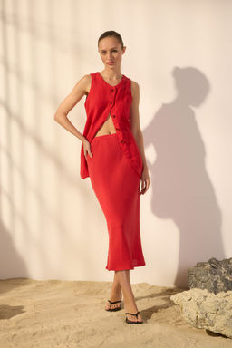 TRENDYOLMILLA Vizon %100 Keten Beli Lastikli Yuksek Bel Midi Etek TWOSS24ET00152