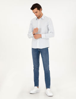 Синяя рубашка узкого кроя в полоску из смесового хлопка - Cacharel фото 4