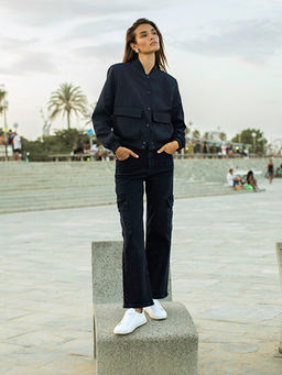 Y?ksek Bel Wideleg Kad?n Kargo Jean Pantolon