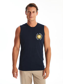 Bisiklet Yaka Bask?l? Erkek Kolsuz Ti??rt