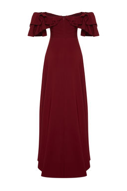 Bordo A-Kesim Volanl? Dokuma Uzun S?k Abiye Elbise TPRSS24AE00054