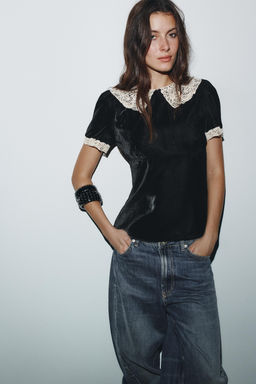 VELVET CROCHET BOW SHIRT