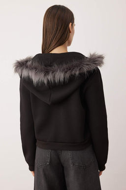 Siyah Fermuarl? Tuylu Kapusonlu Cepli Regular/Normal Kal?p Kal?n Orme Sweatshirt TWOAW26SW00176 - Trendyolmilla фото 4