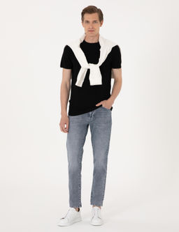 Siyah Slim Fit Keten Kar___ml_ Bisiklet Yaka Triko Ti__rt