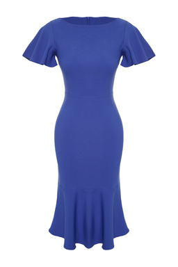 Indigo Fitted/Vucuda Oturan Volanl? Astarl? Midi Dokuma Elbise TWOSS20EL1342