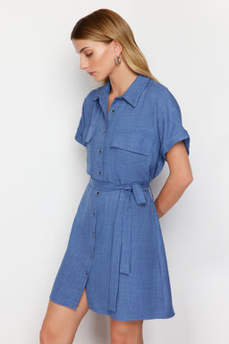 Indigo Kusakl? Cep Detayl? Mini Dokuma Gomlek Elbise TWOSS24EL00350 - Trendyolmilla фото 4