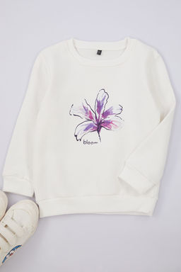 Ekru*002 K?z Cocuk Slogan Pamuklu Orme Sweatshirt TKDAW25SW00013